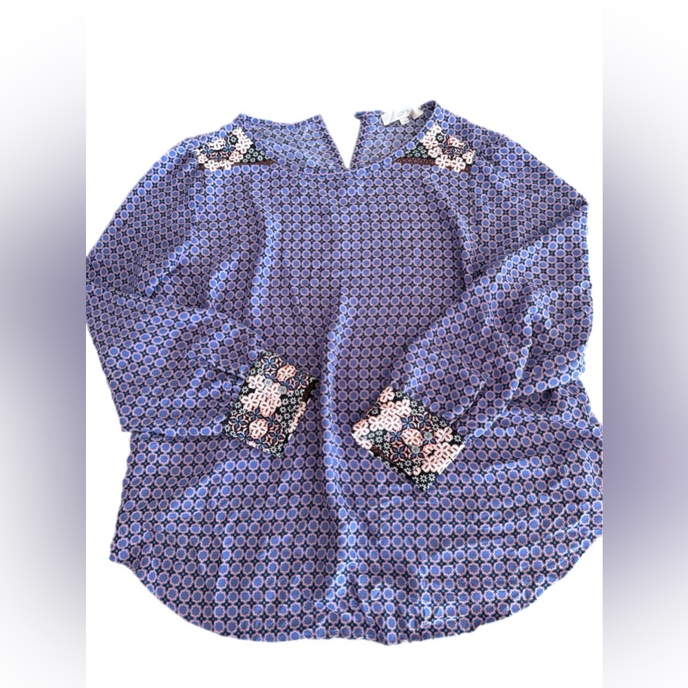 LOFT Blue Geometric Blouse with Floral Accents